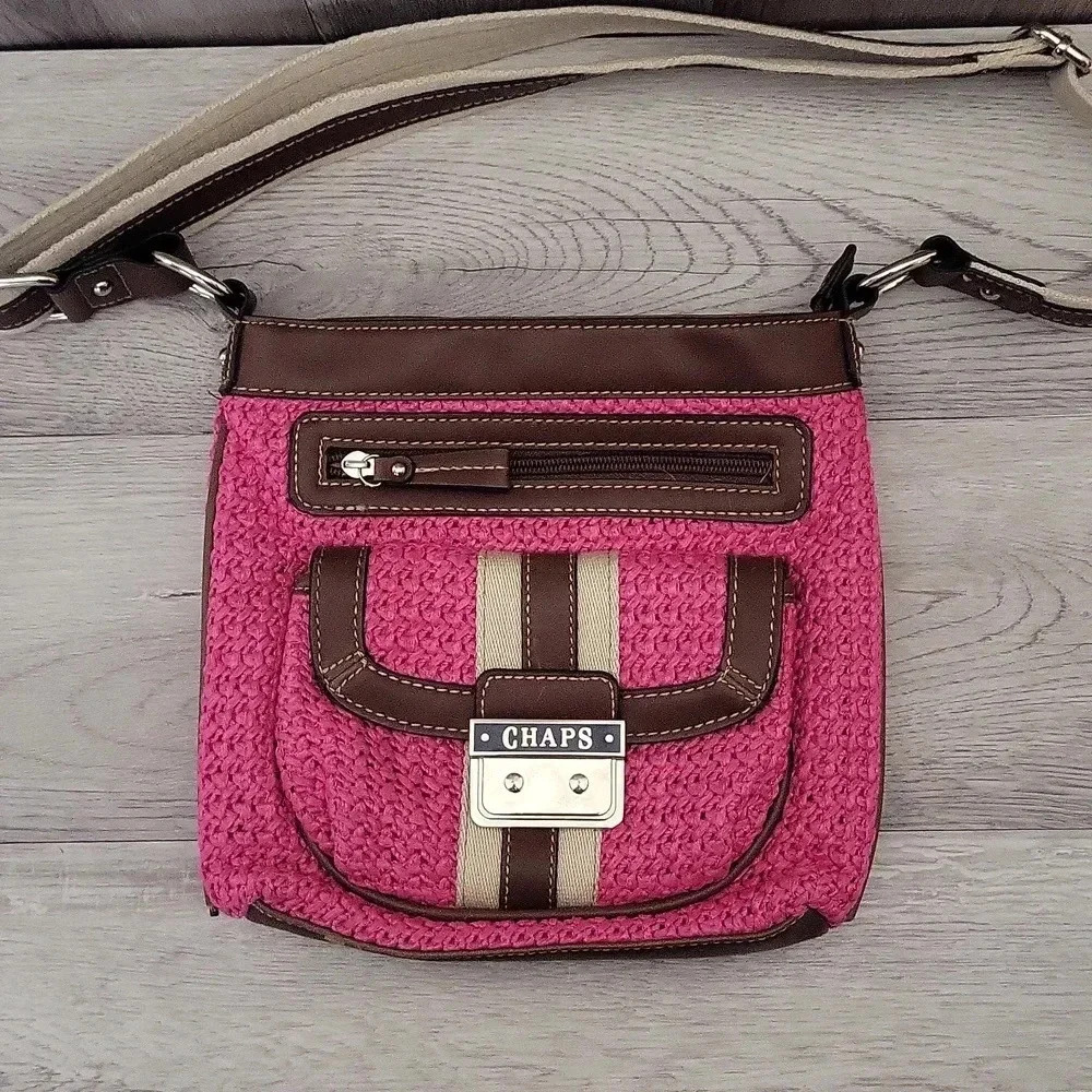 Chaps Pink Brown Woven Faux Leather Multi Pocket Crossbody Bag